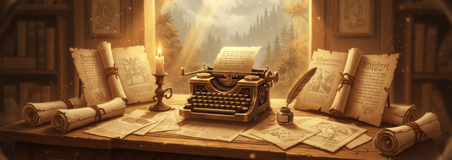 Vintage typewriter and scrolls on a desk overlooking a mythical castle through a window.