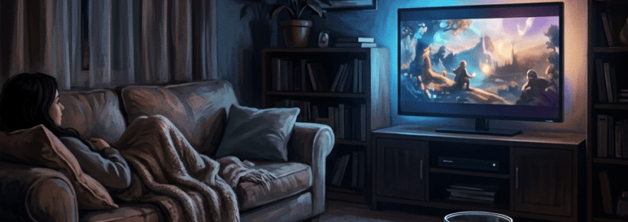 Woman resting on couch watching fantasy TV show in dimly lit living room