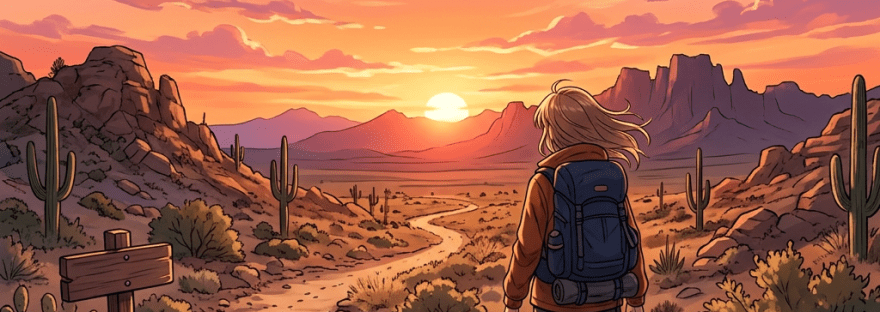 Person hiking on rocky desert path with backpack at sunset