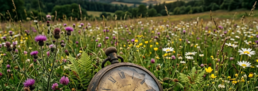 Weathered antique pocket watch lying in a field of wildflowers