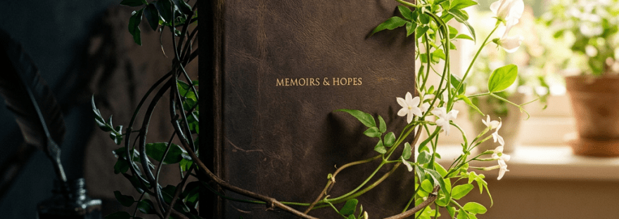 Leather-bound book titled 'Memoirs & Hopes' wrapped in flowering green vines on wooden table