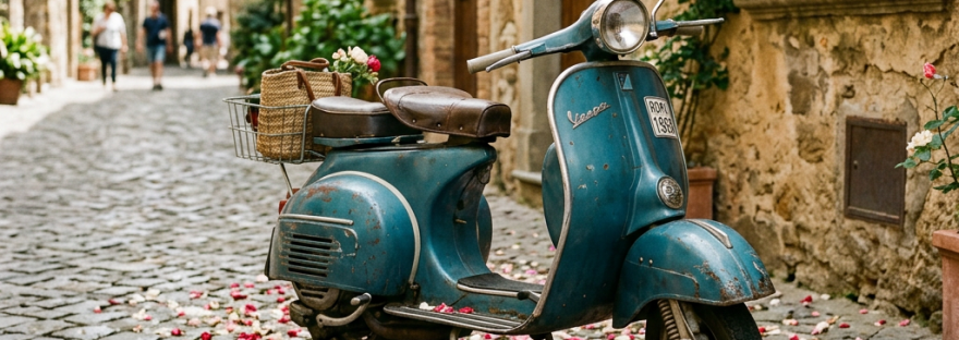 Blue Vespa scooter on cobblestone street with pink and white flower petals