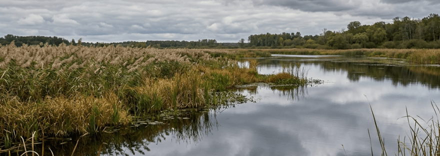 Wetland water reflecting cloudy sky with surrounding grasses and trees