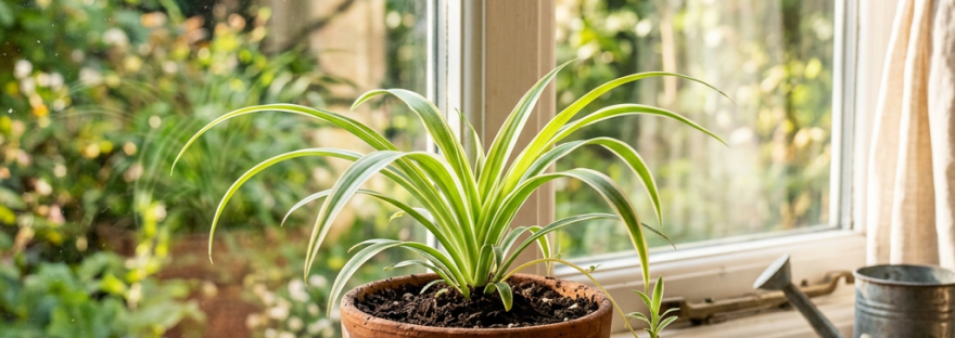 Spider plant in terracotta pot on windowsill with garden view