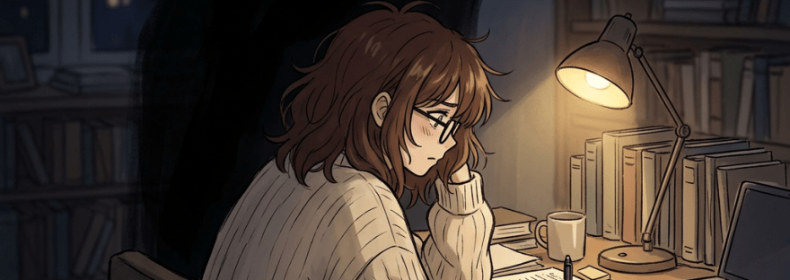 Student sitting at a desk writing with a dark shadowy figure looming behind her