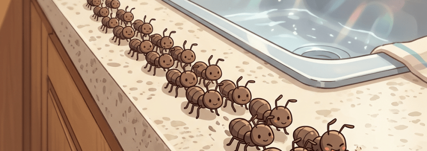 Cartoon ants carrying a cookie crumb on a kitchen countertop near a sink