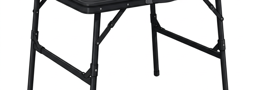 Black rectangular folding table with collapsible legs and handle