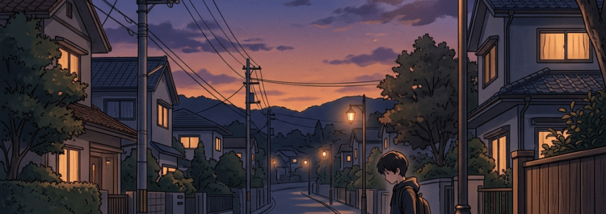 Young person standing under streetlamp on empty suburban street at dusk