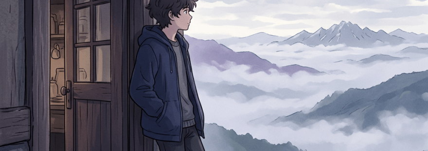 Young person standing outside a cabin overlooking cloud-covered mountains