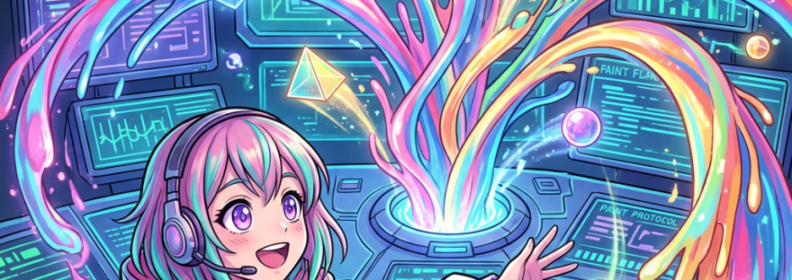 Anime-style technician directing colorful data streams beside control room monitors