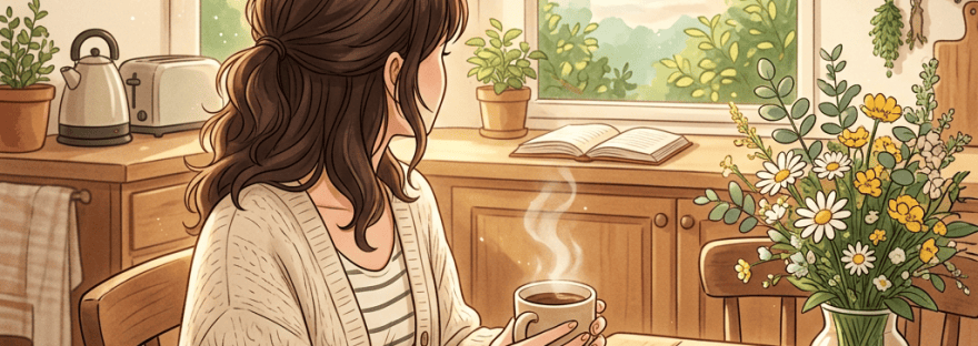 Woman journaling with coffee at a sunlit kitchen table