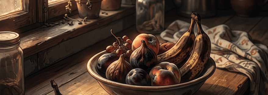Bowl of fruit and banana on a rustic kitchen table