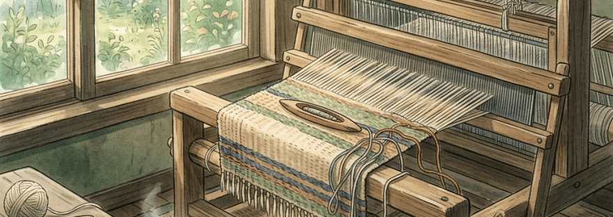 Wooden handloom with partially woven textile, yarn, scissors, and tea by a window