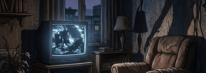 Worn living room with a flickering television, armchair, and eerie wall shadows