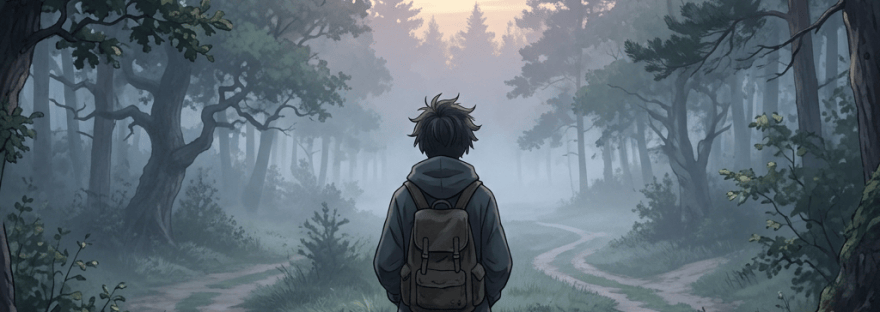 Person with backpack standing at a forked forest path at dusk