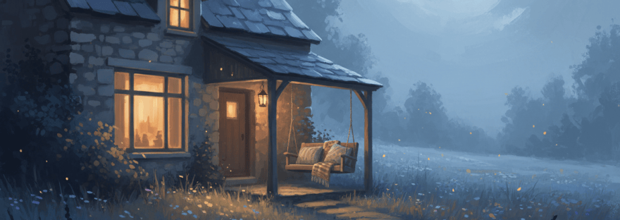 A soft, atmospheric night scene with a full moon casting gentle silver light over a quiet landscape — perhaps a cottage or porch with warm light glowing from within, surrounded by tall grass or wildflowers, with a sense of stillness, safety, and tender romance. Painterly and evocative, muted tones of blue, silver, and warm amber.