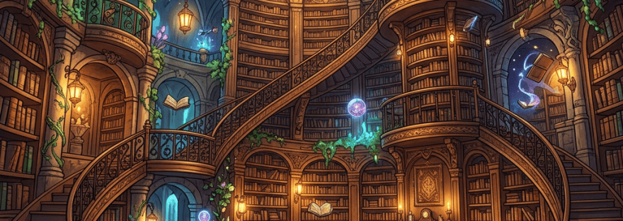 Enchanted multi-level library with spiral stairs, stained glass, bookshelves, and fireplace