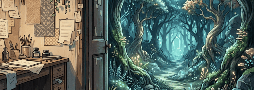 Cozy artist workspace with an open door to a glowing moonlit forest
