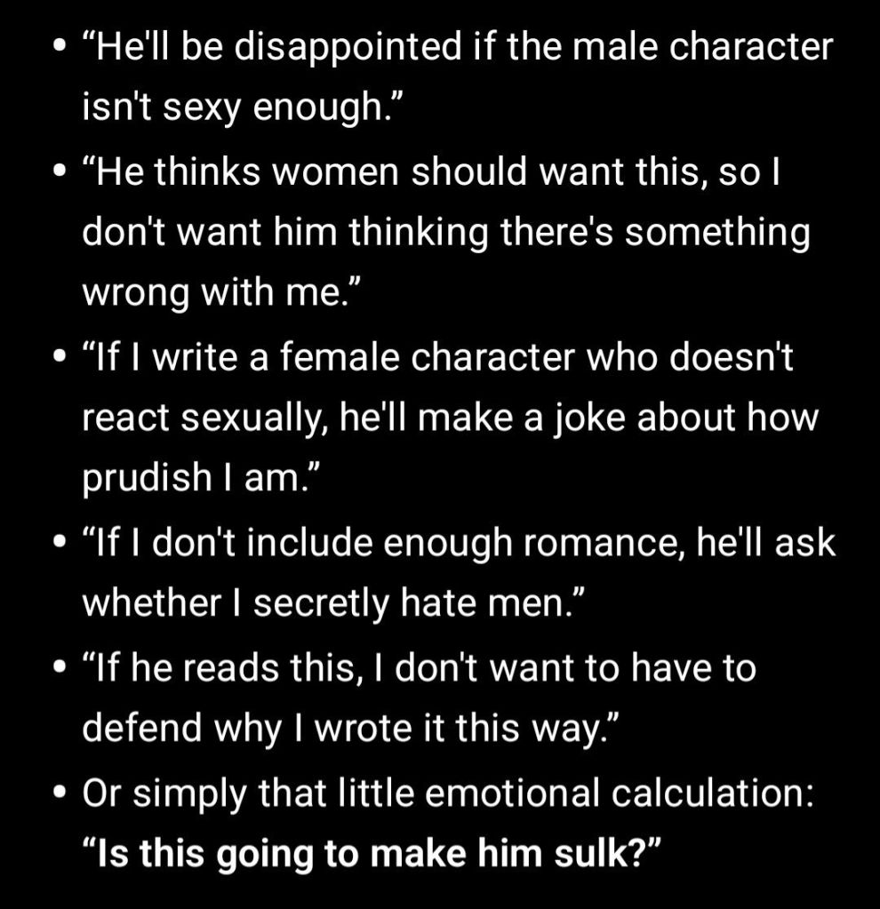 A series of quotes expressing concerns about writing female characters and perceptions of male expectations in literature.