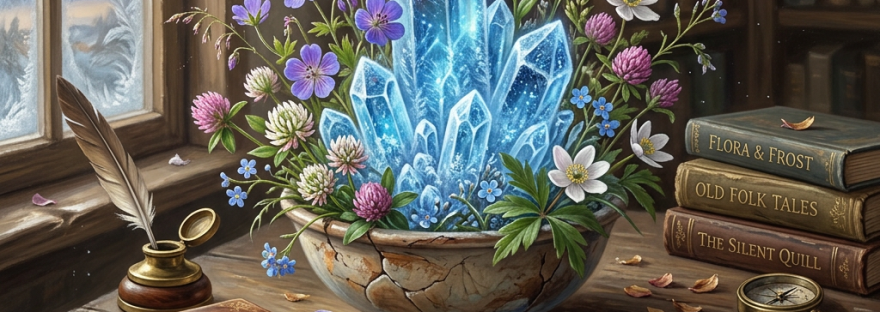 Glowing blue crystal flowers beside books titled Flora & Frost, Old Folk Tales, and The Silent Quill