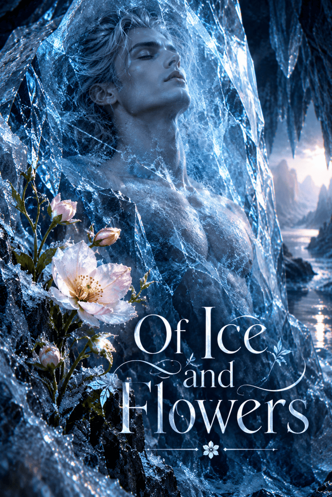 A serene figure with long blonde hair emerges from an icy background, surrounded by shimmering ice crystals and delicate flowers, with the title 'Of Ice and Flowers' elegantly displayed.